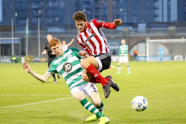Jake Dunwoody takes a hit against Shamrock Rovers last Saturday as Derry struggled after a two week lockdown. Photograph by Kevin Moore.