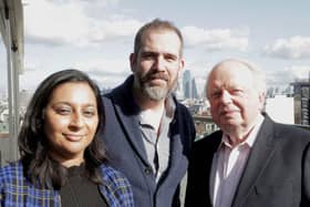 Raksha Dave, Dr Xand van Tulleken & John Sergeant on a rooftop overlooking Leicester Square