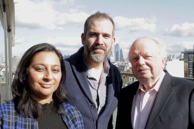 Raksha Dave, Dr Xand van Tulleken & John Sergeant on a rooftop overlooking Leicester Square