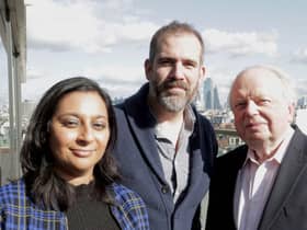 Raksha Dave, Dr Xand van Tulleken & John Sergeant on a rooftop overlooking Leicester Square