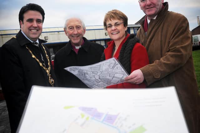 The then Minister for Social Development, Margaret Ritchie at the announcement that the old Department for Social Development was to acquire and oversee redevelopment and regeneration of the former Clondermot School. Included, are the then Mayor of Derry, Councillor Gerard Diver, (the late) Dr James Mehaffey, former Bishop of Derry and Raphoe, and the then Foyle MP Mark Durkan.