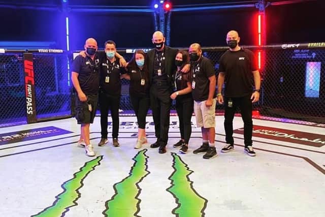 Declan and his colleagues pictured inside the Octagon on Fight Island.