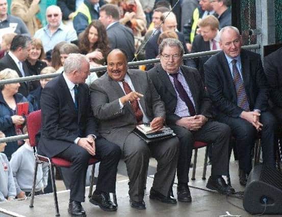 Martin Luther King III pictured at the Bright Brand New Day event in Derry in 2013 with the late John Hume and Martin McGuinness