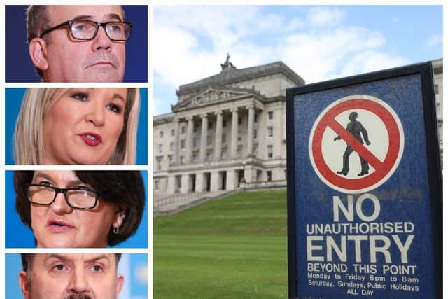 From top to bottom: Chief Medical Officer Dr. Michael McBride, First Minister Arlene Foster, deputy First Minister, Michelle O'Neill and Health Minister, Robin Swann.