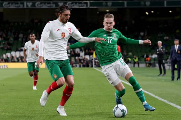 Ronan Curtis in action for Republic of Ireland against Bulgaria.
