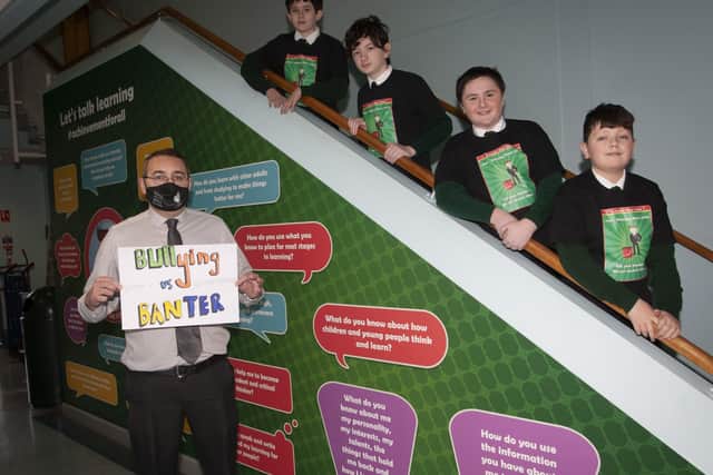 Mr. Beattie pictured with Year 9 students Braden McSwine, Kevin Curran, Sean Kelly and Jordan Kelly, marking Anti Bullying week at the school..