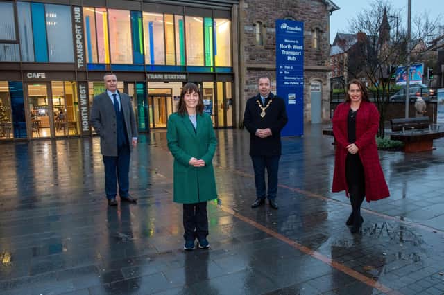 Minister for Infrastructure Nichola Mallon welcomes completion of work at the North-West Transport Hub in Derry.  Pictured with the Minister are Gary McCluskey and Veronica Woods from Translink and the Mayor of Derry City and Strabane District Council, Councillor Brian Tierney.