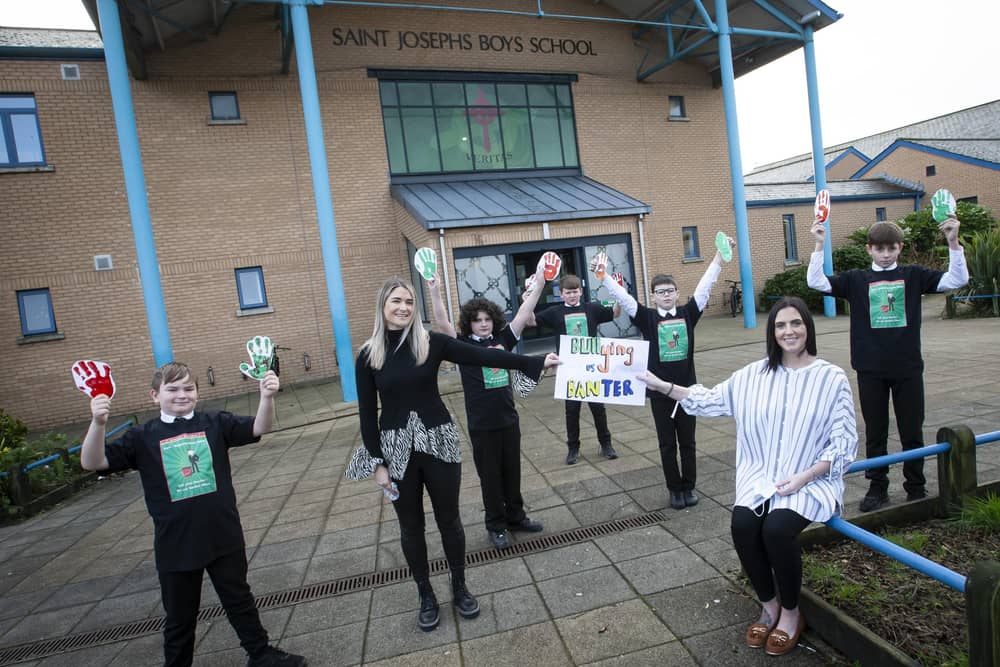 ANTI-BULLYING WEEK. . . . .Marking Anti Bullying Week at St. Josephâ€TMs Boys School on Thursday are Year 8 students Ciefer Doran, Tony Lyttle, Shea McCafferty, Odhran Patton and Liam McCauley with Rachel McIntyre and Rebecca Quigley. (Photos: Jim McCafferty Photography)