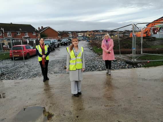 Sinn Féin Foyle MLA Martina Anderson with Councillors for the Galliagh/ Ballyarnett area Aileen Mellon and Sandra Duffy at the construction site.