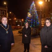 Councillor Brian Tierney, Mayor of Derry City and Strabane District Council has presented a tree of Remembrance to Francine Moran and Jennifer McCollum, from Brighter Days at the Peace Garden in Foyle Street. Picture Martin McKeown. 24.11.20