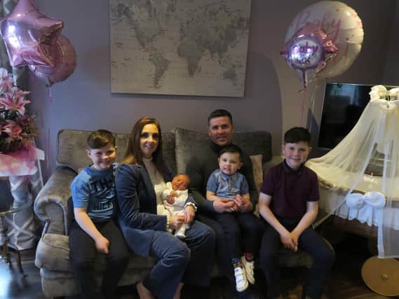Eamonn O’Kane, his wife Nicola and their sons Charlie (11), Oscar (8) and Louis (4) pictured with the newest member of the family, Hollie Grace.