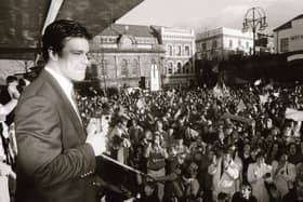 Derry City skipper, Dermot O'Neill addresses the large crowd who arrived at Guildhall Square to celebrate the club's FAI Cup success in 1995.