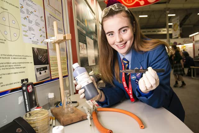 2019: Hollie Harkin from St Mary’s College and her project ‘Investigating harmful chemicals in Vaping Liquid and Vapours’, which saw her named as one of Ireland’s top young scientists at the RDS in Dublin. This year the competition final will take place online. (Photo Fennell Photography)