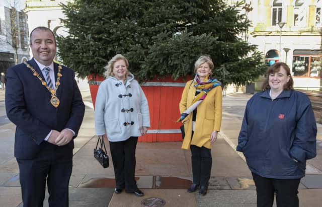 Mayor Brian Tierney at the launch of the St. Vincent de Paul/Salvation Army Christmas Family Appeal. Included, from right are Julia Mapstone, Salvation Army, Martha O'Donnell (SVdP, Strabane) and Carol McGeady (SVdP, Derry). (Photo - Tom Heaney, nwpresspics)