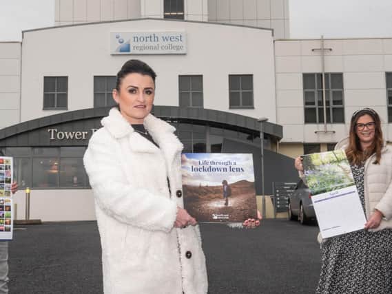 Miceala O’Neill, winner of NWRC’s Life through a Lockdown Lens competition, pictured with the finished charity calendar. Also pictured are (left) Danny McFeely, Health and Wellbeing Activity Officer at NWRC, and Helen Clyde, NWRC’s Digital Marketing Officer.