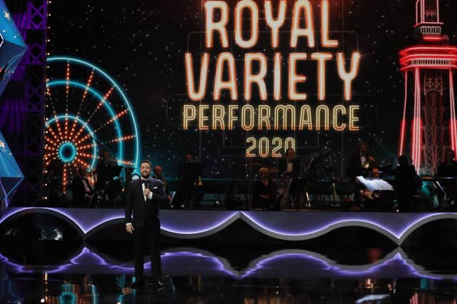 Host Jason Manford performing at the Royal Variety Performance in the historic Blackpool Opera House in the Winter Gardens Complex