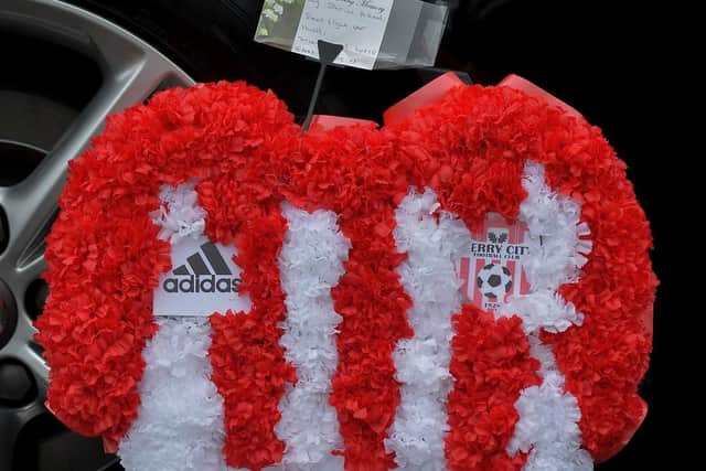 A wreath shaped as a Derry City shirt at the funeral of Hugh. Photo: George Sweeney / Derry Journal  DER2050GS –  038