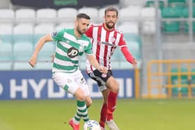 Shamrock Rovers wingback, Danny Lafferty in action against Derry City's Darren Cole this season.
