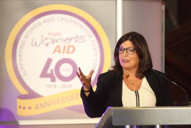 Marie Brown, CEO of Foyle Women's Aid, addressing the crowd at the organisations 40th anniversary seminar in the Guildhall.