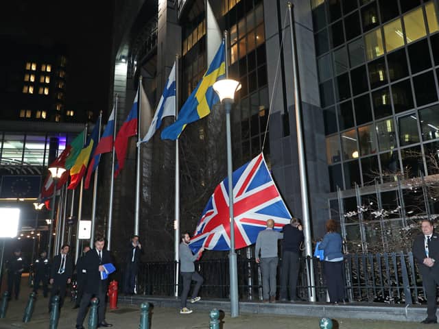The Union flag is taken down outside the European Parliament in Brussels, Belgium last year ahead of the UK leaving the European Union. (PA Wire)