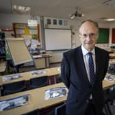 Education Minister Peter Weir during a visit to St Joseph's Primary School, Carryduff, Belfast, as schools in Northern Ireland reopen to pupils following the coronavirus lockdown.