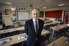 Education Minister Peter Weir during a visit to St Joseph's Primary School, Carryduff, Belfast, as schools in Northern Ireland reopen to pupils following the coronavirus lockdown.