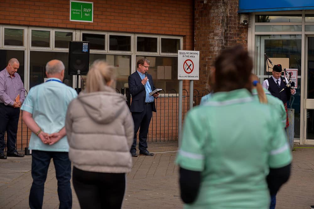 MAY 2020: Presbyterian chaplain Rev Lindsay leads an Act of Remembrance, at Altnagelvin hospital for all who had lost their battle with COVID-19 during the first wave.