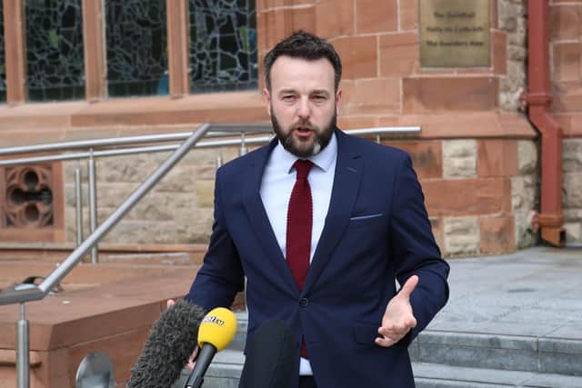 SDLP Leader Colum Eastwood pictured previously speaking from the steps of the Guildhall, Derry. (Phot: Kelvin Boyes/ PressEye)