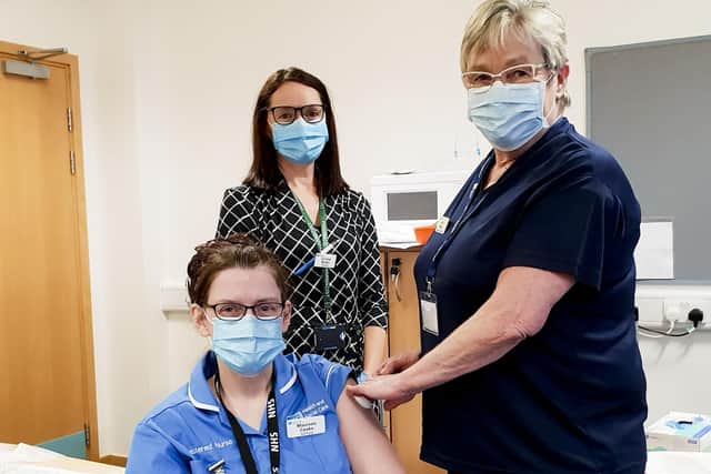 Maureen Cooke School Nurse; Lylia Watt, Occ Health Nurse and Lorraine Mullan, Principal Pharmacist at the Western Trust.