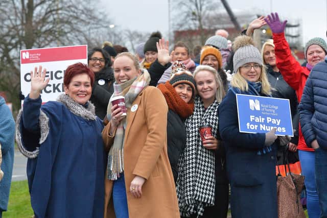 DECEMBER 2019: Nurses from the Royal College of Nursing union strike at Altnagelvin Hospital. DER5119GS - 009