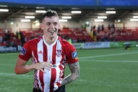 David Parkhouse pictured with the match ball as he netted four against Waterford in the EA Sports Cup semi-final win back in 2019.