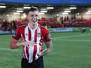 David Parkhouse pictured with the match ball as he netted four against Waterford in the EA Sports Cup semi-final win back in 2019.