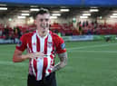 David Parkhouse pictured with the match ball as he netted four against Waterford in the EA Sports Cup semi-final win back in 2019.