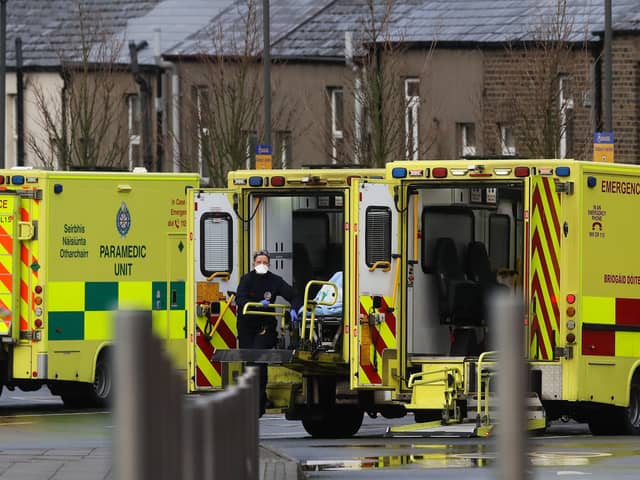 Paramedics and ambulances at the Mater Hospital in Dublin as the head of the Health Service Executive Paul Reid has said the number of people in hospital with Covid-19 has surpassed the peak of the first wave.