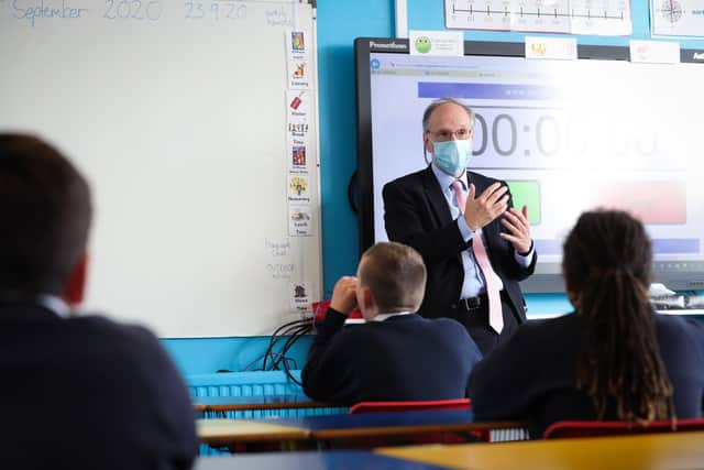 Education Minister Peter Weir speaking to pupils back in September 2020.  Photo by Kelvin Boyes / Press Eye.