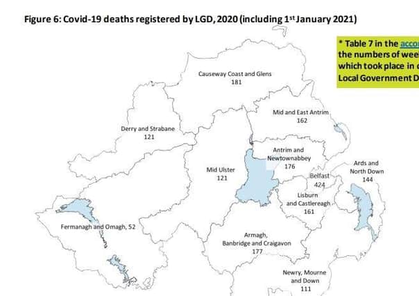A map showing COVID-19 related deaths by district.