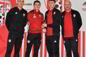 Ronan Boyce receiving the U19 player of the year award in 2019 alongside Mark McChrystal, Ciaran Coll and Shaun Holmes.