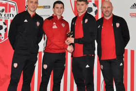 Ronan Boyce receiving the U19 player of the year award in 2019 alongside Mark McChrystal, Ciaran Coll and Shaun Holmes.