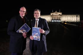 January 2020:  The then Secretary of State for Northern Ireland Julian Smith and Irish Minister for Foreign Affairs Simon Coveney,  pictured at Parliament Buildings, Stormont in Belfast.  Photo by Kelvin Boyes   / Press Eye.