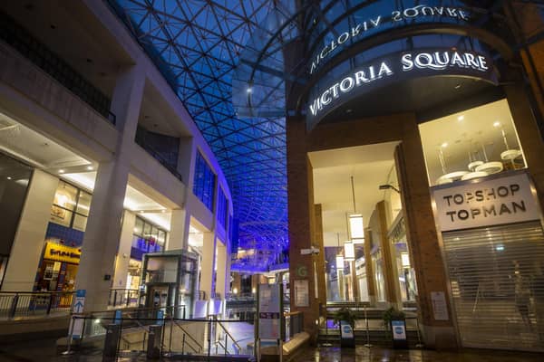 Retail shops closed at Victoria Square shopping centre in Belfast.
