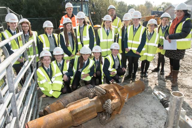 2018: Pupils from Thornhill College and their teacher Sheena Scott pictured with Firmus Energy Construction Manager, Jonathan Strain, and Declan Carlin, Project Manager, Kier, when they visited Firmus Energy’s Foyle Crossing where a gas pipeline emerges from under the River Foyle . Picture Martin McKeown. Inpresspics.com. 10.10.18