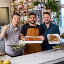 Jamie Oliver, Amir Khan and Jimmy Doherty cook together on Friday Night Feast