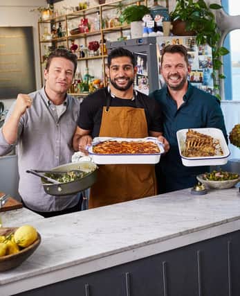 Jamie Oliver, Amir Khan and Jimmy Doherty cook together on Friday Night Feast
