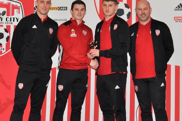 Ronan Boyce, receiving the U19 Player of the Year award from Ciaran Coll, is highly rated by youth coaches Mark McChrystal and Shaun Holmes.