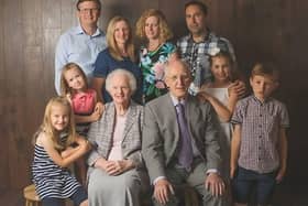 Albert and his wife Vivian, seated. Back row, l-r, son-in-law Ray Davies and daughter Nicola; daughter Gillian and son-in-law Stuart Tanfield. Front row l-r, grandchildren Megan (8), Erin (6), Charlotte (11) and Matthew (9).