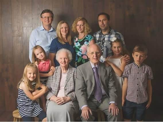 Albert and his wife Vivian, seated. Back row, l-r, son-in-law Ray Davies and daughter Nicola; daughter Gillian and son-in-law Stuart Tanfield. Front row l-r, grandchildren Megan (8), Erin (6), Charlotte (11) and Matthew (9).