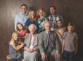 Albert and his wife Vivian, seated. Back row, l-r, son-in-law Ray Davies and daughter Nicola; daughter Gillian and son-in-law Stuart Tanfield. Front row l-r, grandchildren Megan (8), Erin (6), Charlotte (11) and Matthew (9).