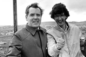 1980s... Liam McCandless (on left) with Derry Journal colleague Cecil McGill during a once-in-a-lifetime visit to the spire of St Eugene’s Cathedral.