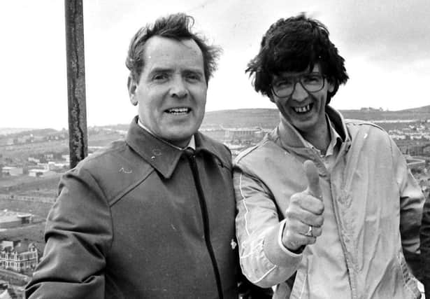 1980s... Liam McCandless (on left) with Derry Journal colleague Cecil McGill during a once-in-a-lifetime visit to the spire of St Eugene’s Cathedral.