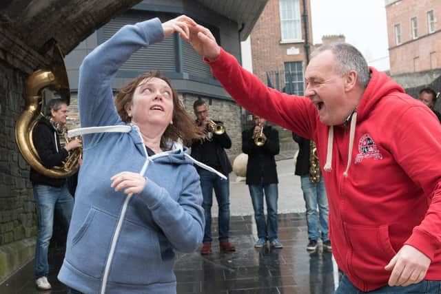 2018: The Jay-Dee brass band who had Jazz fans jiving in the street despite the rain as teh annual City of Derry Jazz and Big Band Festival got underway. Picture Martin McKeown. Inpresspics.com. 03.05.28